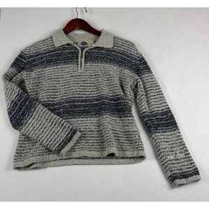 Spin Womens Quarter Zip Striped Textured Knit Sweater Grey Navy Blue Pullover